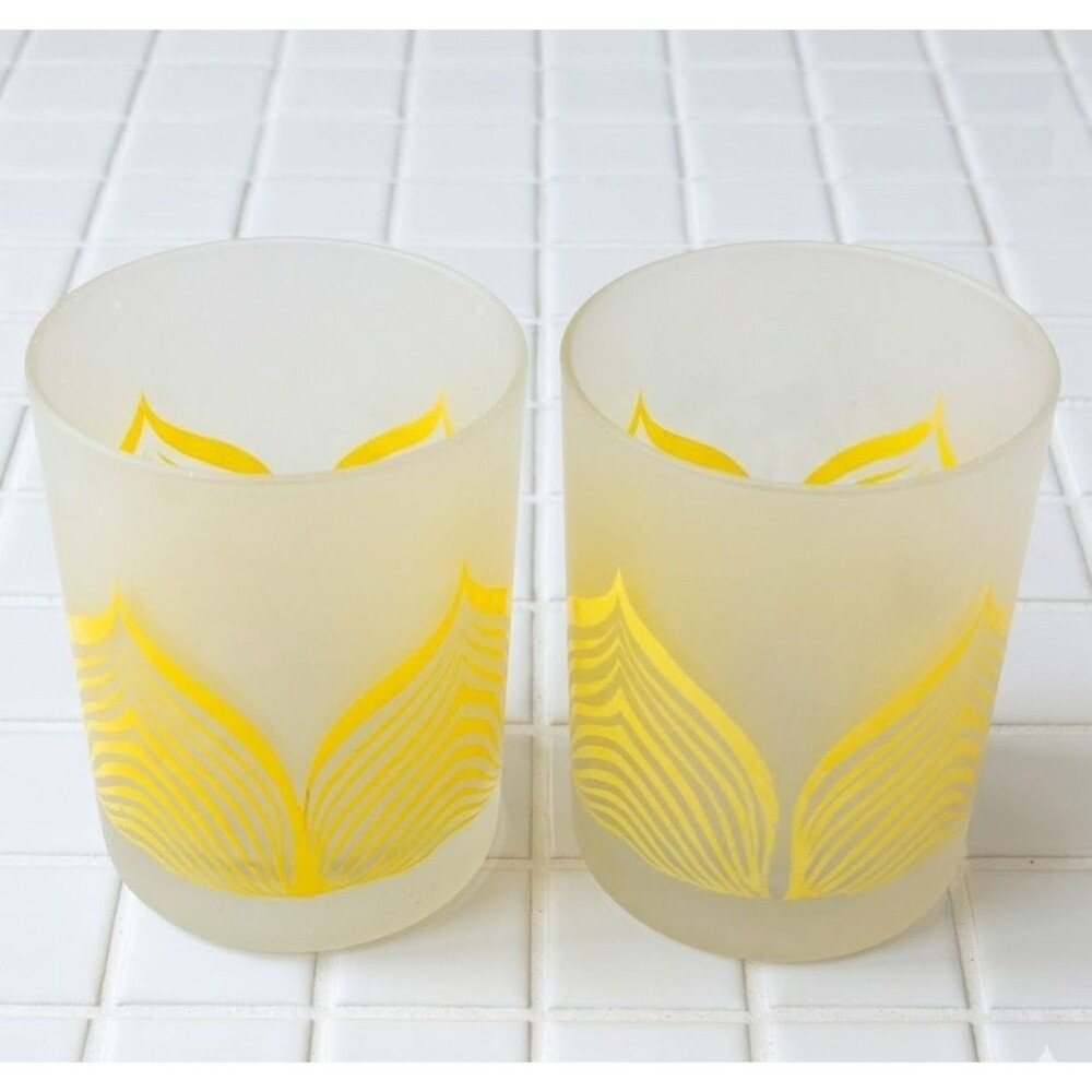 Vintage Georges Briard Low Ball Old Fashion Glasses MCM Pair Frost Clear Yellow